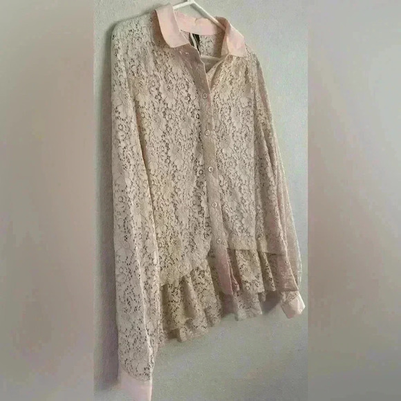 Top Shop pink lace collared button down long sleeve top size 10 NWT - Picture 2 of 8